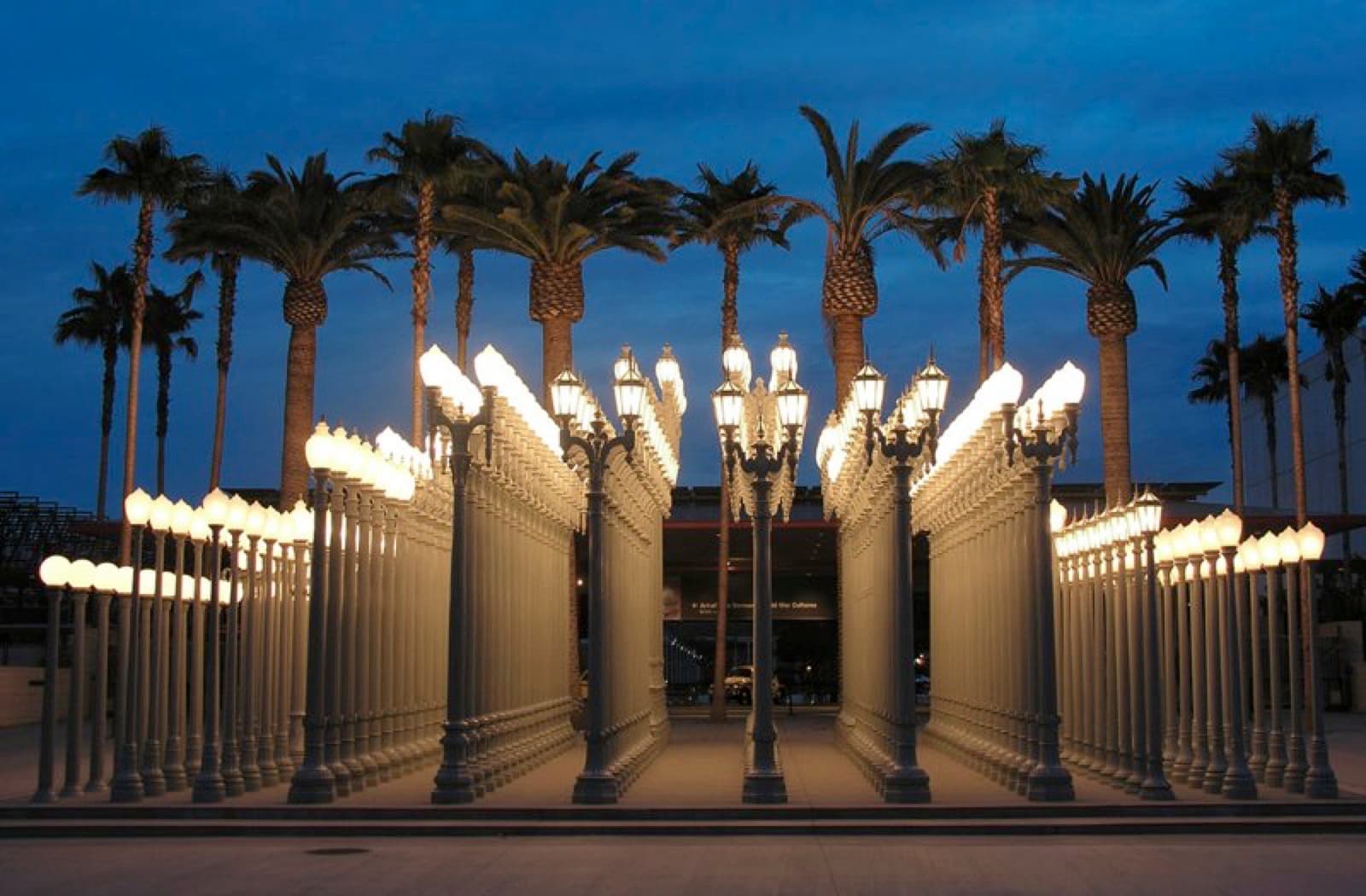 The Urban Light lamps at LACMA at dusk