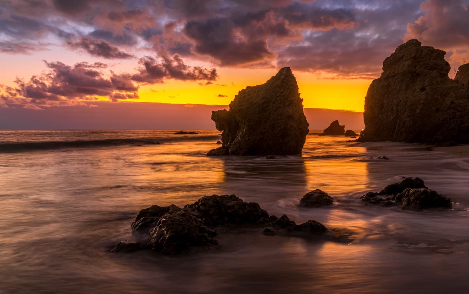 Sea stacks at El Matador Beach, Malibu at sunset